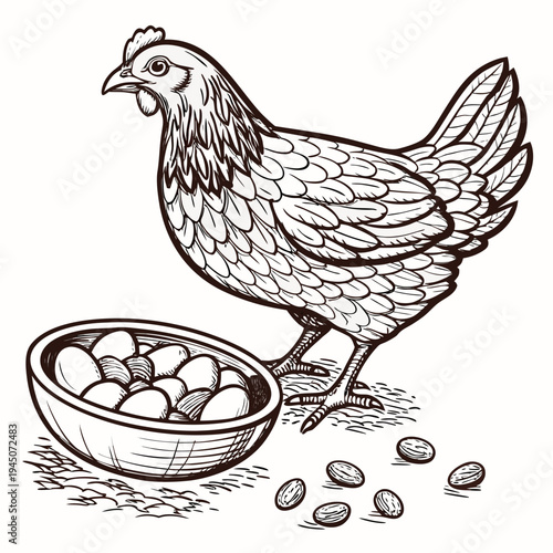 Chicken standing next to a bowl of food and eggs peanuts