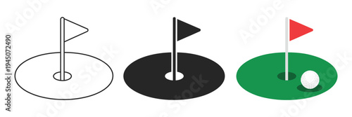 Golfing Field Icon, golfer silhouette symbol, golf equipment illustration, flat style vector, isolated background, sports course concept, golfing business and leisure design.