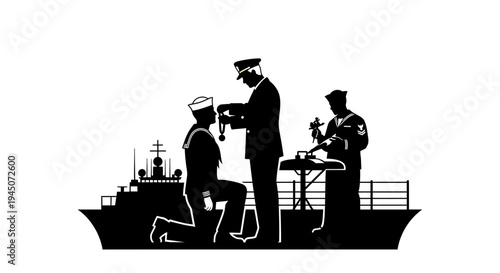 Navy Officer Awards Medal to Sailor on Ship Deck, Ceremony Silhouette