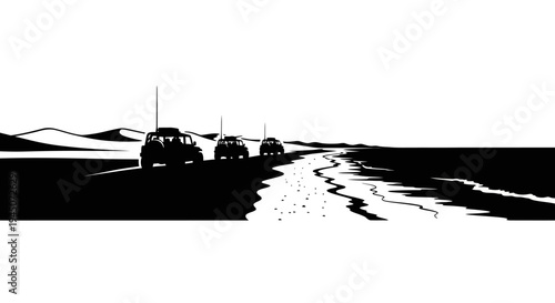 Off-road adventure: Three SUVs driving on a dusty desert road with dunes