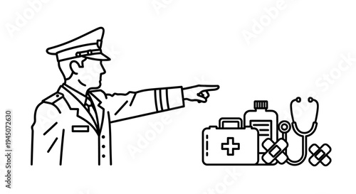 Officer Directs to Medical Supplies: First Aid, Stethoscope, Bandages, Medicine Bottles