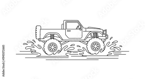 Off-road monster truck driving through water splash, line art illustration