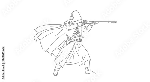 Ottoman Soldier with Rifle, Historical Military Figure, Line Art