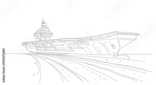 Outline of a modern aircraft carrier sailing on the ocean, concept art, vector illustration
