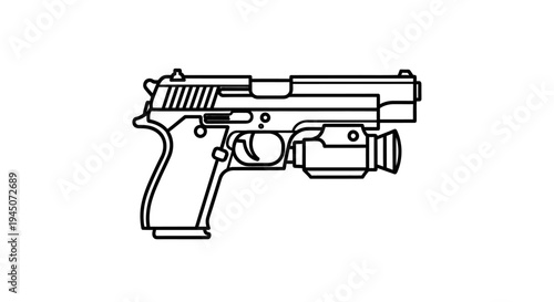 Outline of a tactical pistol with a mounted flashlight, isolated on a white background.