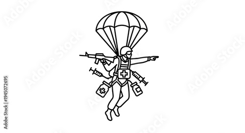 Paratrooper Medic Jumps with Medical Gear and Rifle - Military Medical Aid