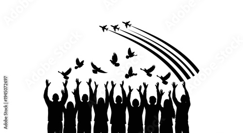 People raising hands with doves and airplanes flying above, symbolizing peace and freedom