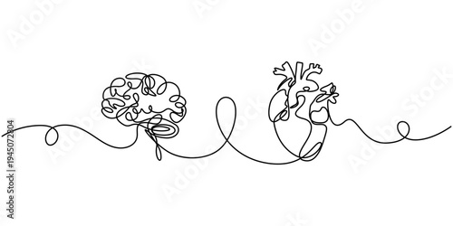human brain and love heart continuous one line drawing, One line drawing of half of a human brain and a human heart. Vector illustration, One continuous line drawing of human brain and love heart