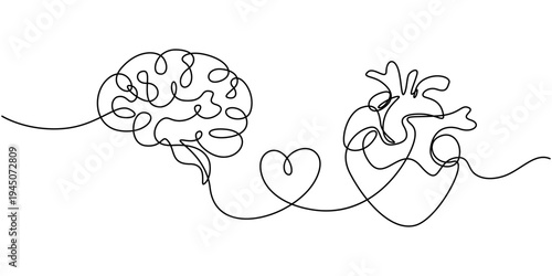 human brain and love heart continuous one line drawing, One line drawing of half of a human brain and a human heart. Vector illustration, One continuous line drawing of human brain and love heart