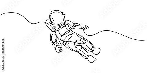 Single continuous line of astronaut, Space traveler astronaut concept. one line astronaut vector illustration, Continuous line, Astronaut floating in outer space. Drawing of set Galaxy