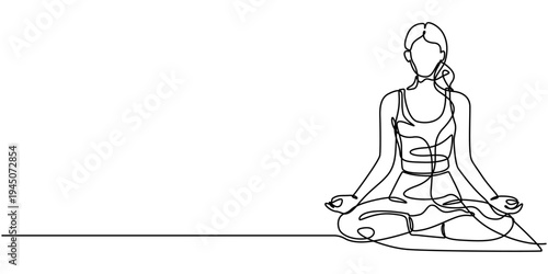 yoga girl doing meditation and relaxation with lotus position continuous one line drawing, Woman doing yoga exercise in continuous one line drawing. Young lady sitting cross legged meditating in Lotus