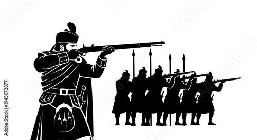 Scottish Highlander Soldier Aims Rifle with Battalion Behind