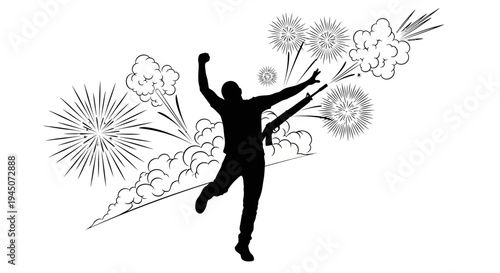 Silhouette of a man celebrating with fireworks