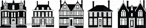 Historic Victorian and traditional houses set, classic residential architecture buildings silhouettes vector illustration collection isolated