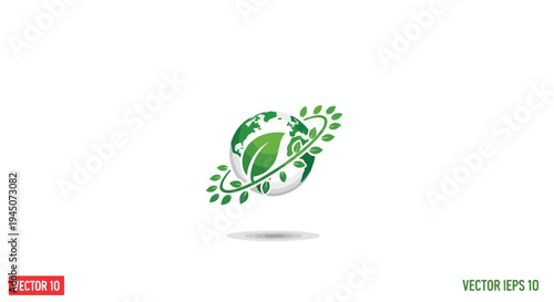 Green Eco Globe Icon with Leaf and Orbiting Foliage Vector Graphic Isolated on White