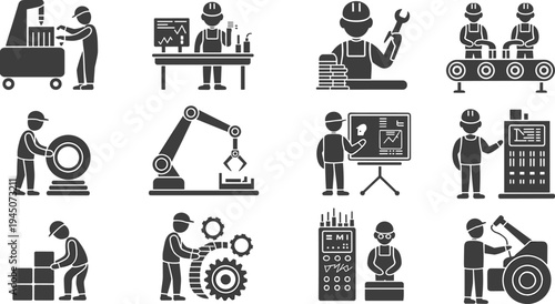 Industrial workers and manufacturing process icons set, factory production line, robotics automation, engineering technology vector silhouette collection