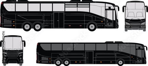 Luxury coach bus vector blueprint, modern passenger transport vehicle side and front view isolated on white background