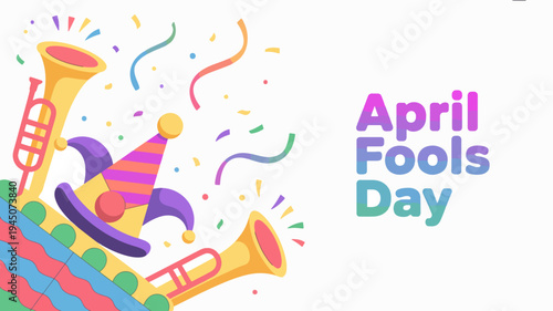 Vibrant april fools' day celebration with party horn confetti and jester hat on white background