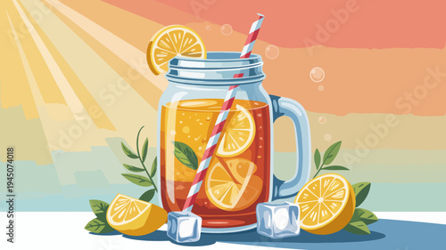 Refreshing glass of homemade lemonade with ice cubes and straw on a sunny day