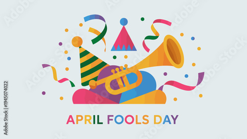 Vibrant april fools' day celebration with party hat horn confetti and colorful ribbons on light background