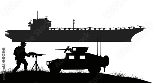 Military Soldier, Humvee, and Aircraft Carrier Silhouette on Hilltop