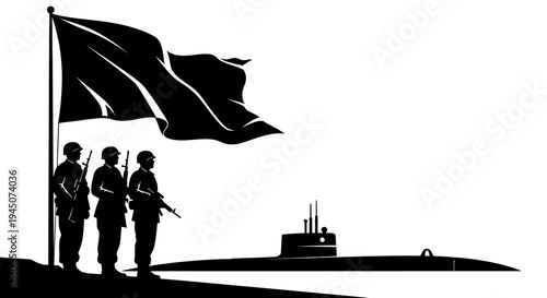 Military submarine with soldiers and flag, naval power, defense, security, patriotism