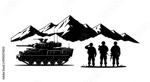 Military Tank and Soldiers Silhouette Against Mountain Landscape