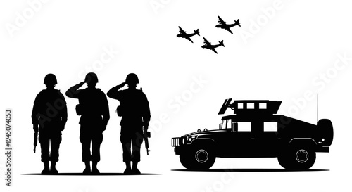 Military Soldiers Saluting With Aircraft and Humvee Silhouette