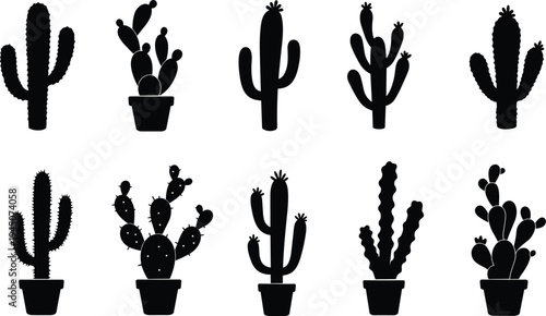 Cactus silhouette vector set, black potted cactus icons, desert plant clipart, minimal succulent shapes, botanical graphic for decoration, print, design