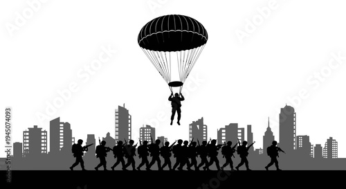 Paratrooper Descends on City Skyline with Soldiers Below