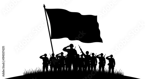 Silhouette Soldiers Saluting Flag on Hilltop