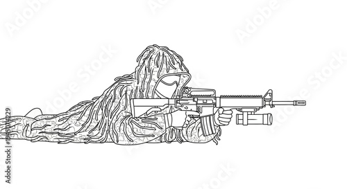 Sniper in Ghillie Suit Aiming Rifle, Camouflage Soldier, Military Combat, Stealth Operation