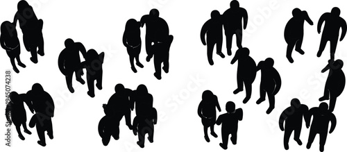 People group silhouettes from top view, walking crowd collection isolated on white background, human figures social gathering vector
