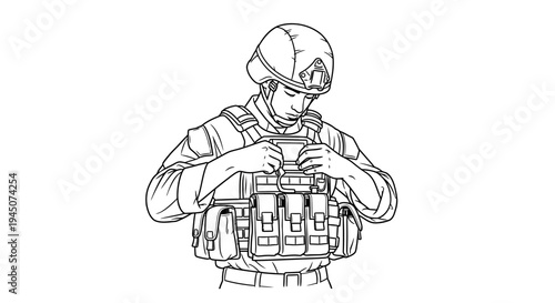 Soldier Adjusting Tactical Vest and Helmet, Military Gear, Combat Preparation