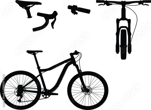 Mountain bike vector silhouette set with bicycle components, front view and side view isolated, cycling equipment illustration, black bike design