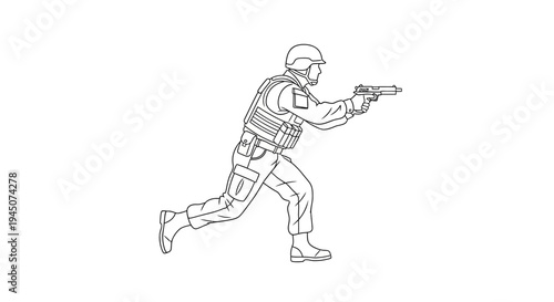 Soldier Aiming Pistol in Action Pose, Military Combat, Tactical Gear, Line Art Illustration