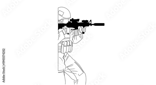 Soldier Aiming Rifle with Scope and Silencer, Tactical Gear, Combat Ready