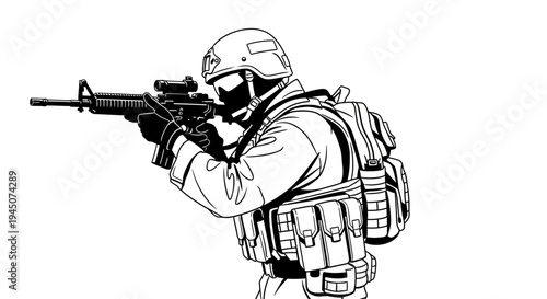 Soldier Aiming Rifle, Tactical Gear, Military Action, Combat Ready