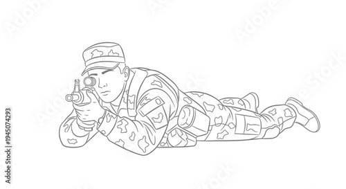 Soldier aiming rifle, lying prone, military training, combat readiness, tactical gear