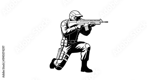 Soldier Aiming Rifle, Crouching Pose, Tactical Gear, Military Action