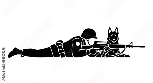 Soldier and Military Dog with Rifle, Tactical Teamwork, Combat Ready