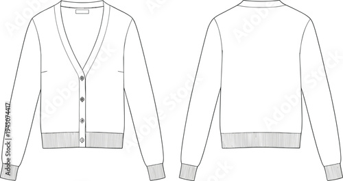 CAD drawing flat vector illustration of a women's cardigan sweater design, front and back view technical fashion sketch