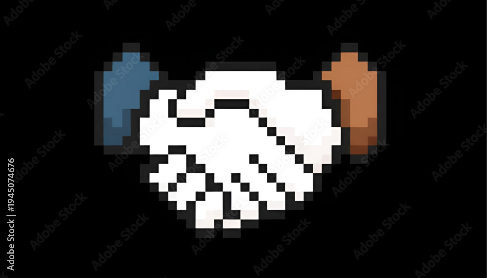Fototapeta premium Pixel art handshake icon representing business agreement, partnership and cooperation isolated on black background