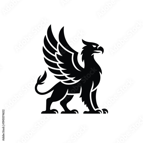 A striking black silhouette of a majestic griffin in profile