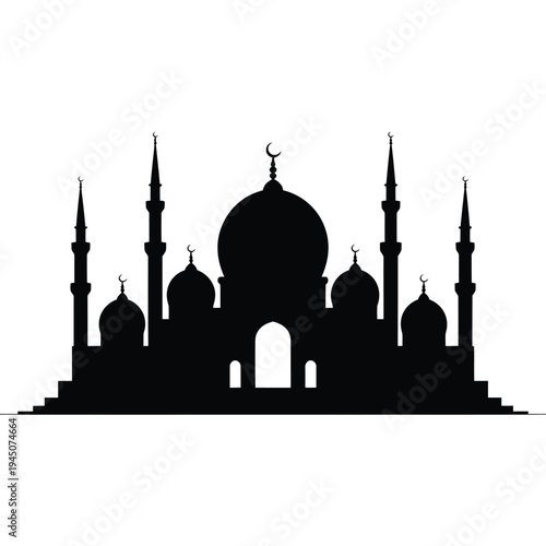 Silhouetted islamic mosque with minarets against a plain white background