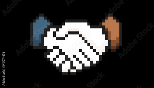 Pixel art handshake icon representing business agreement, partnership and cooperation isolated on black background