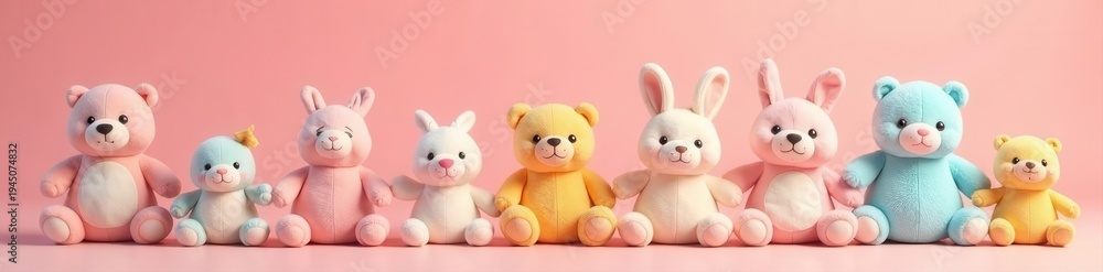 Fototapeta premium Pastel plush toys, whimsical arrangement, peach backdrop, aesthetic, fluffy