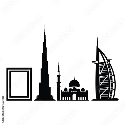 Silhouettes of iconic dubai landmarks against a plain white background