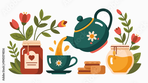 Whimsical illustration of pouring tea with flowers honey and biscuits on a table setting