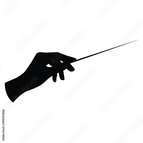 A silhouetted hand firmly holds and points with a thin conductor s baton